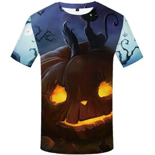 Halloween T-shirt Men Pumpkin Tshirts Casual Cat Tshirt Anime Animal Tshirts Novelty Forest Tshirt Printed Short Sleeve