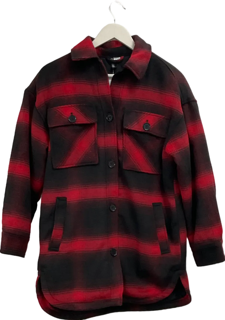 H&M Red Checked Padded Long Line Shacket UK XS