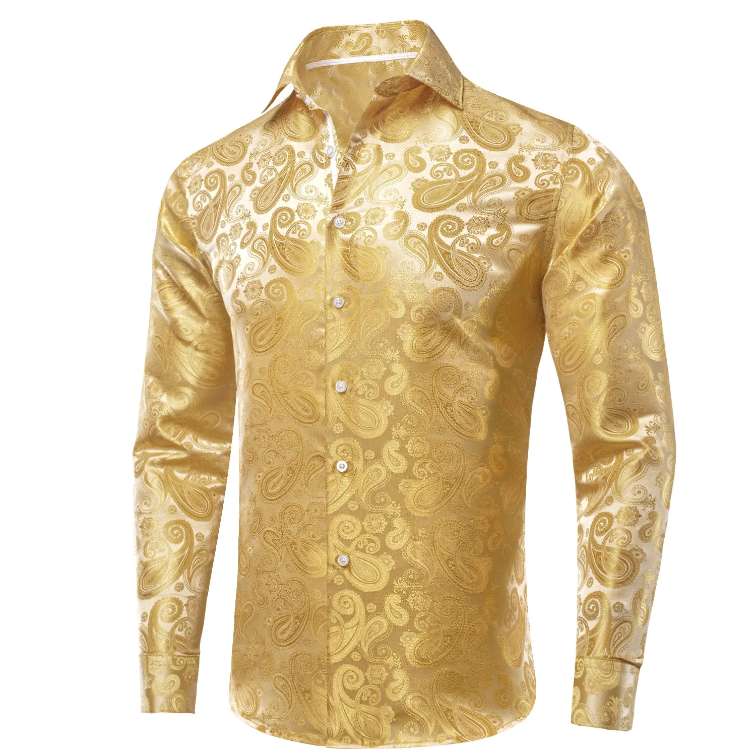 Hi-Tie Golden Shirt Beige Silver Paisley Silk Men's Long Sleeve Shirt