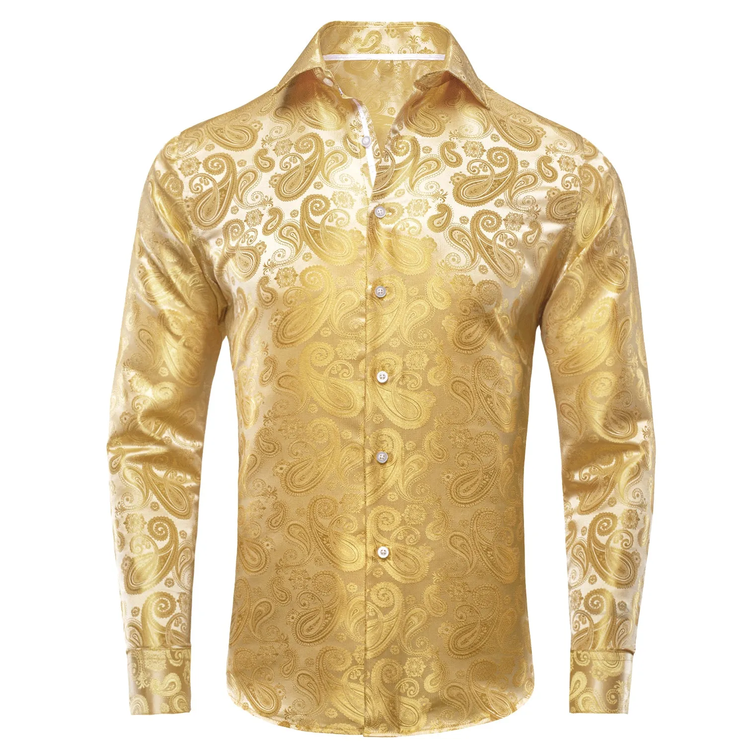 Hi-Tie Golden Shirt Beige Silver Paisley Silk Men's Long Sleeve Shirt