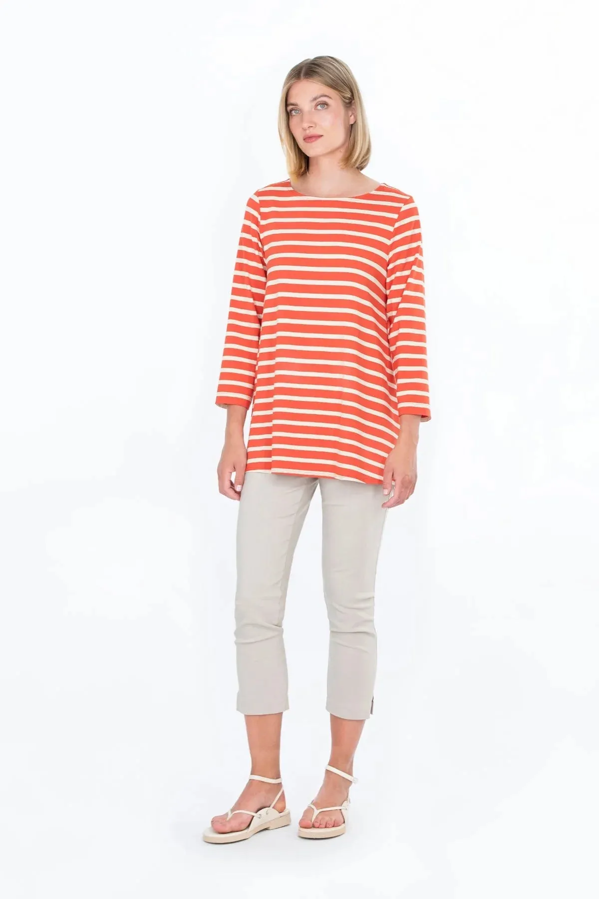 Hiekka 3/4 Sleeve Viscose Jersey Tunic, Orange/ Off White