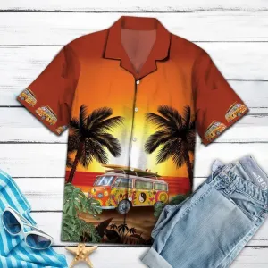 Hippie Bus Under Sunset Palm Tree Beach Themed Pattern Hawaiian Shirt