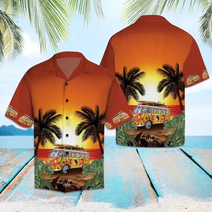 Hippie Bus Under Sunset Palm Tree Beach Themed Pattern Hawaiian Shirt