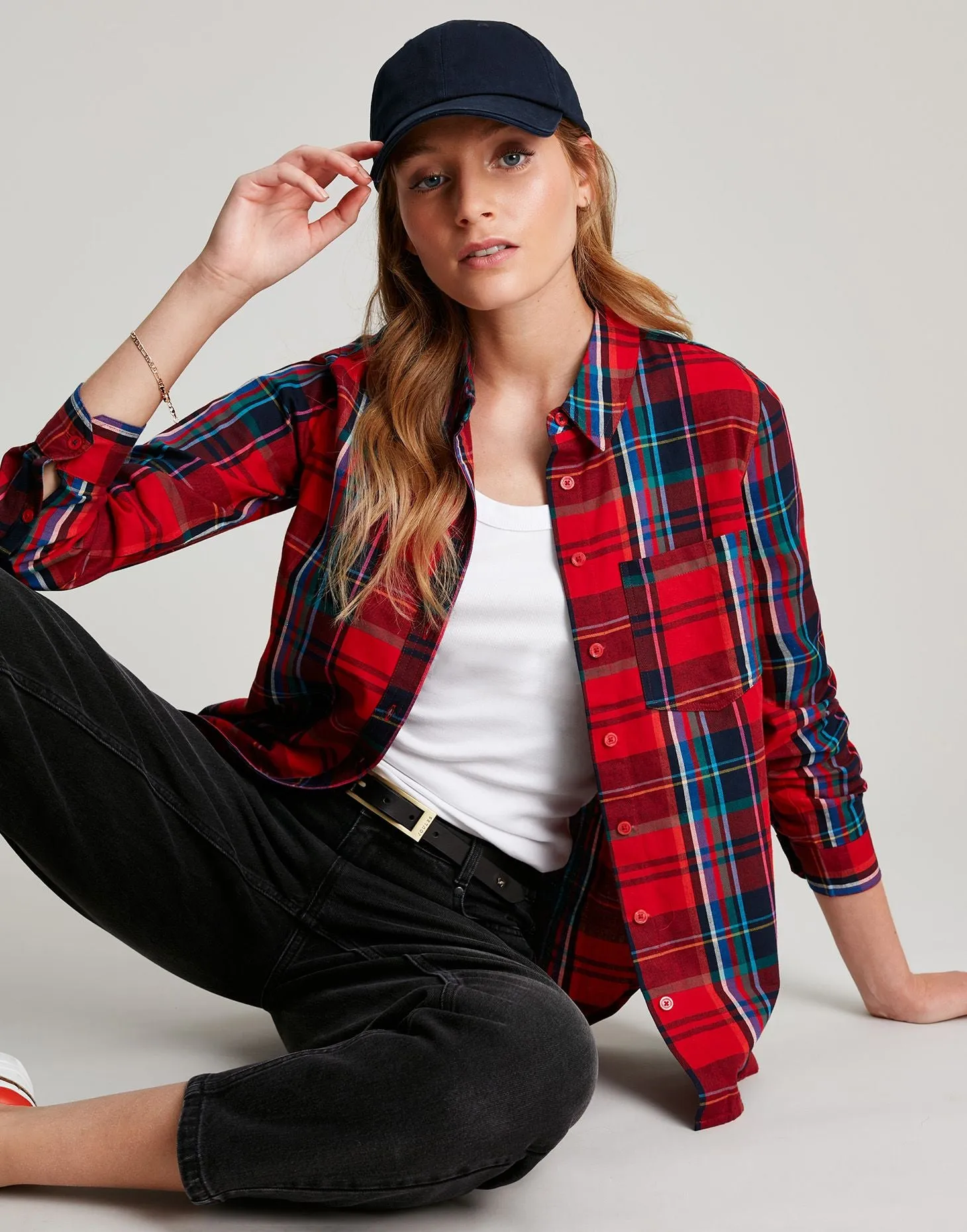 Joules | Lorena Longline Brushed Woven Shirt | Women's | Red Check