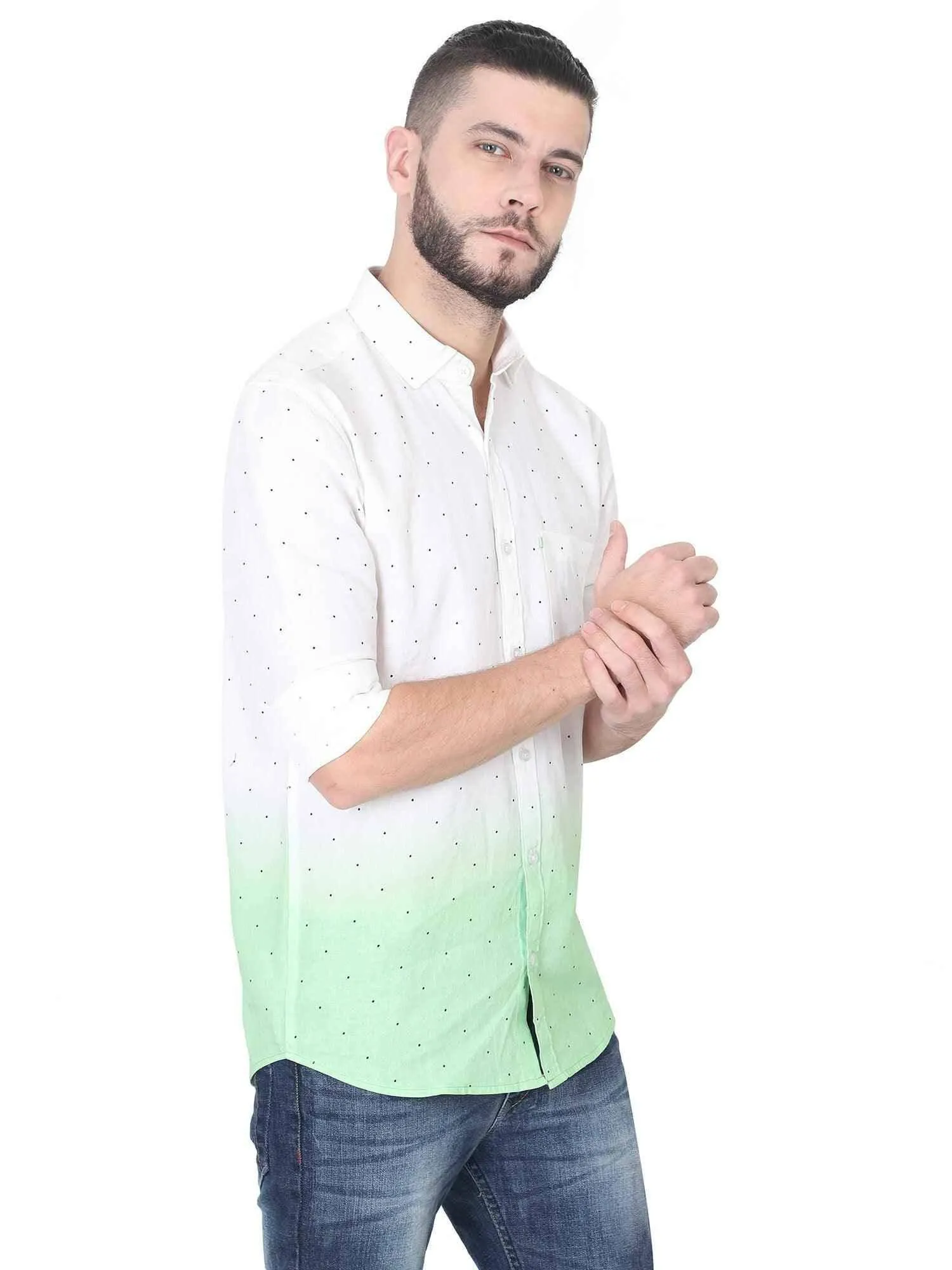 Light Green Ombre Digital Printed Linen Full Shirt