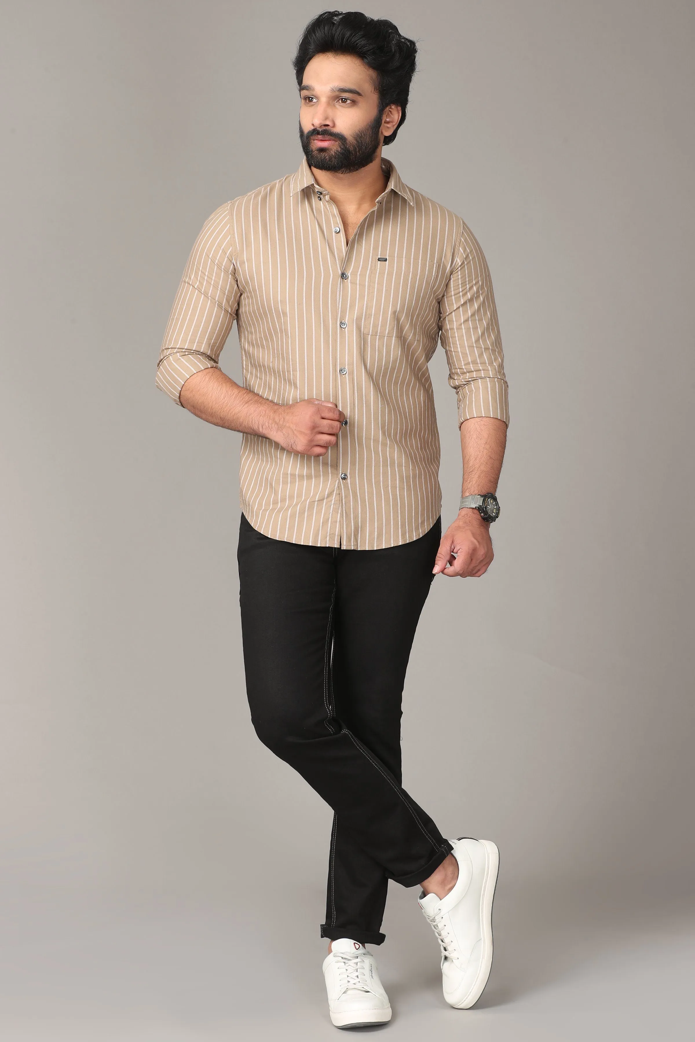 Light Sand Striped Full Sleeve Shirt