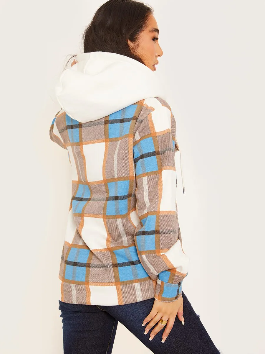 Lisa Thick Checked Shacket With Zip & Hood In Blue