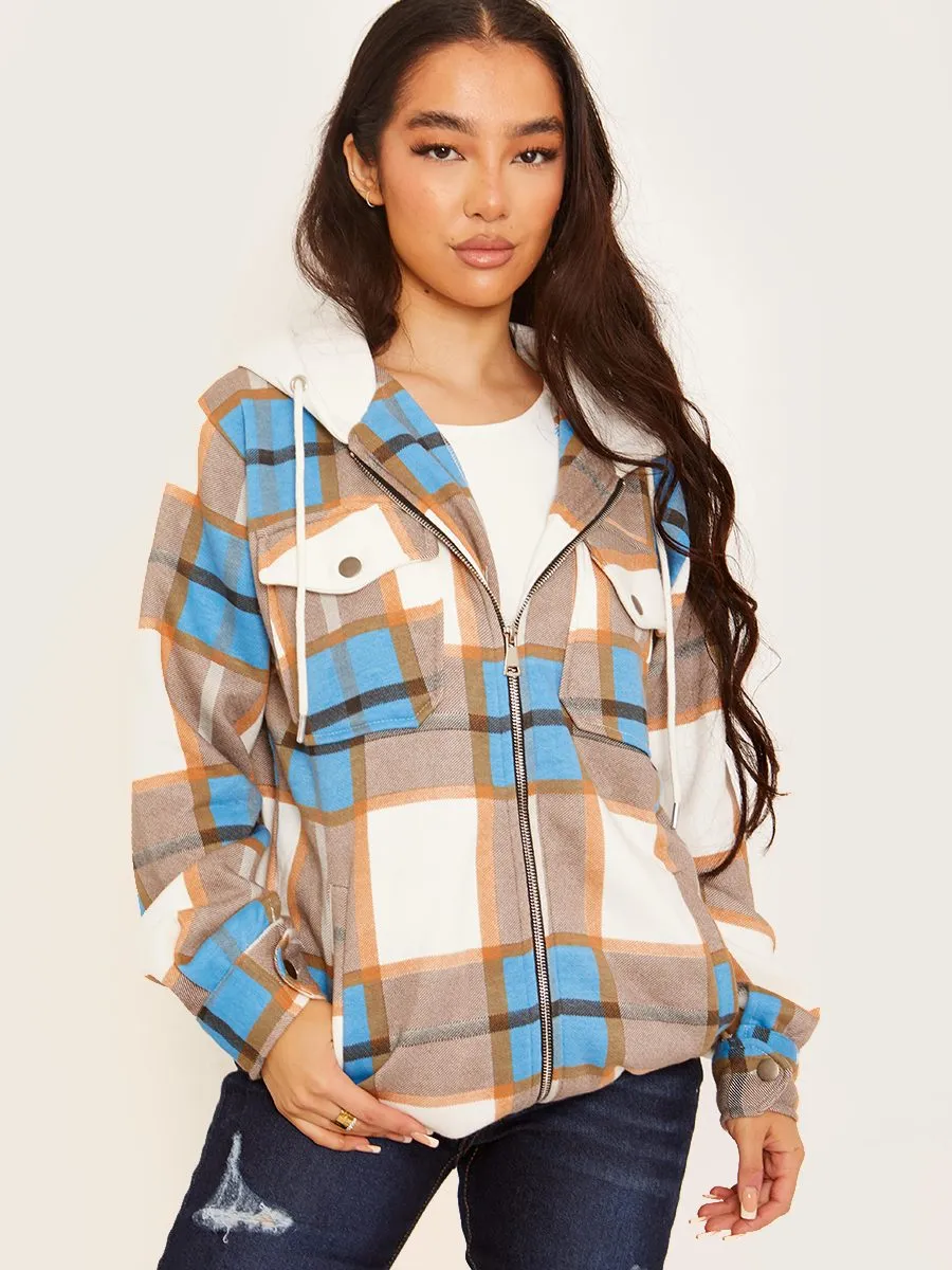 Lisa Thick Checked Shacket With Zip & Hood In Blue