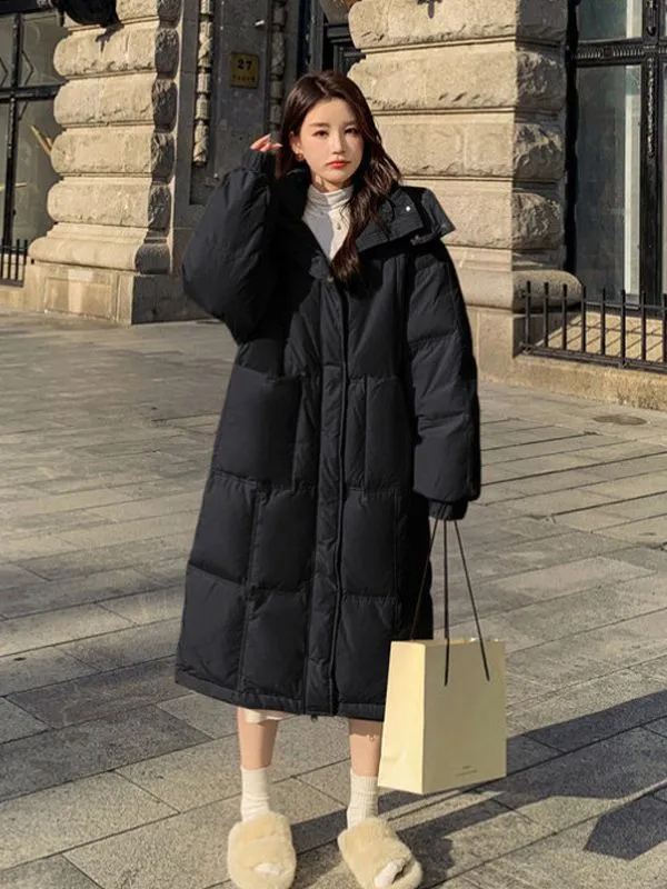 Long down cotton-padded clothes for women's 2024 winter new elegant hooded thickened over the knee small cotton-padded coat for women