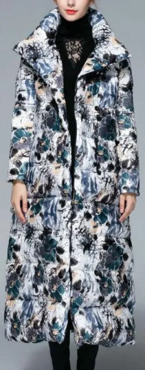 Long Floral Print Down Coat