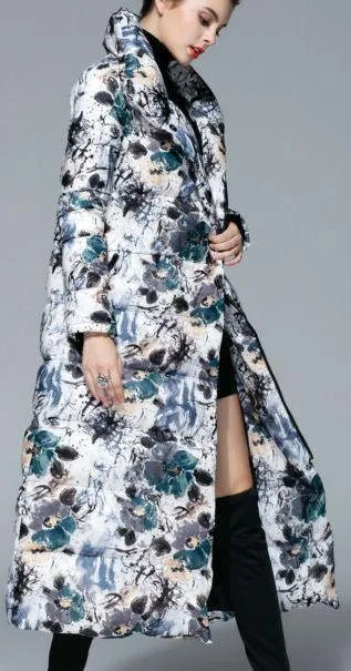 Long Floral Print Down Coat