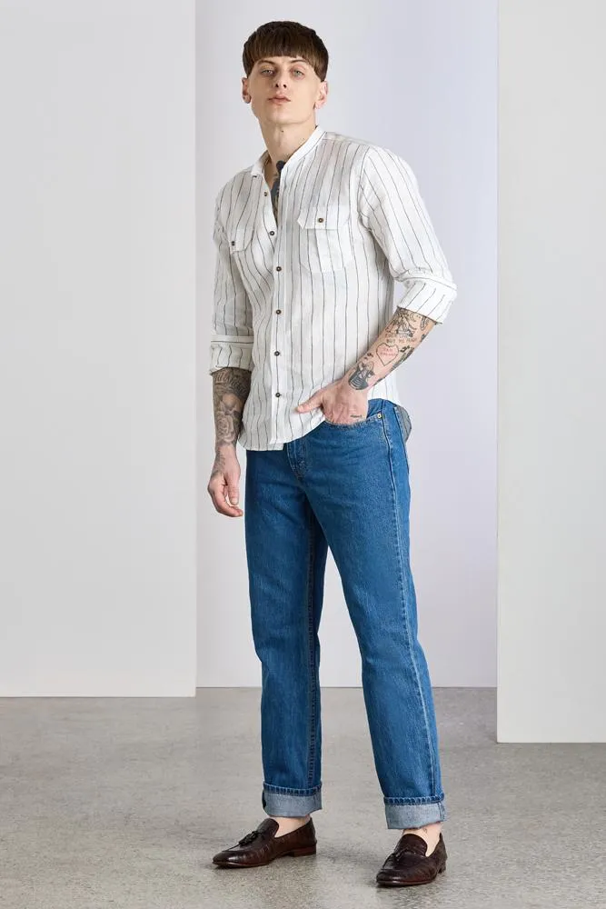 Massimo Shirt - White and Navy Pinstripe Linen