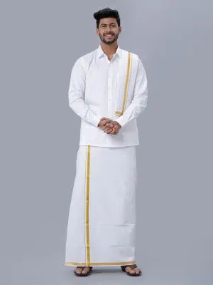 Men 100% Cotton White Full Sleeves Shirt, Double Dhoti, Towel & Belt Combo