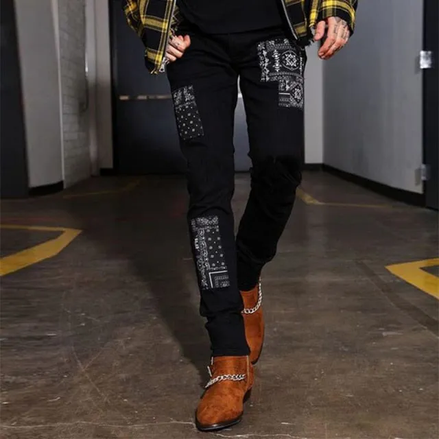 Men Black Washed Jeans New Fashion Personality Biker Slim Denim Pants Retro Trousers Skull Printed Design Street Jeans