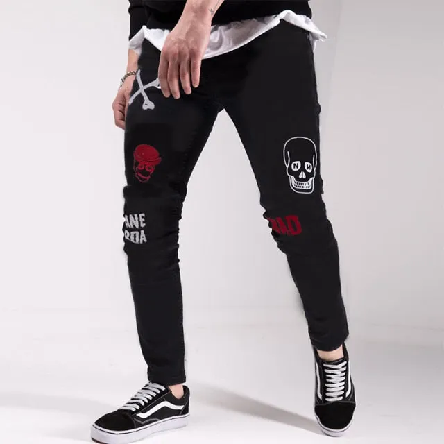 Men Black Washed Jeans New Fashion Personality Biker Slim Denim Pants Retro Trousers Skull Printed Design Street Jeans