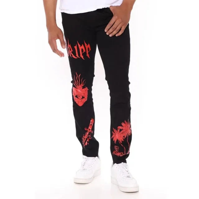 Men Black Washed Jeans New Fashion Personality Biker Slim Denim Pants Retro Trousers Skull Printed Design Street Jeans