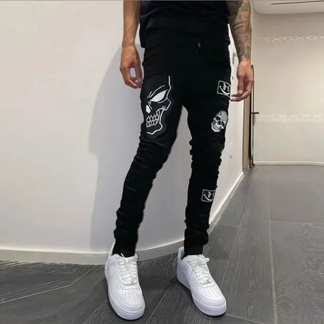 Men Black Washed Jeans New Fashion Personality Biker Slim Denim Pants Retro Trousers Skull Printed Design Street Jeans