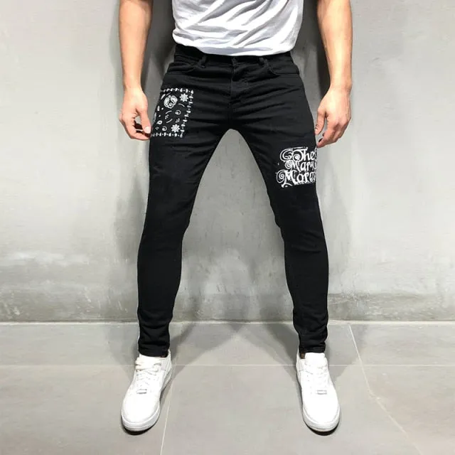 Men Black Washed Jeans New Fashion Personality Biker Slim Denim Pants Retro Trousers Skull Printed Design Street Jeans