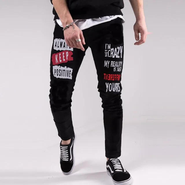 Men Black Washed Jeans New Fashion Personality Biker Slim Denim Pants Retro Trousers Skull Printed Design Street Jeans