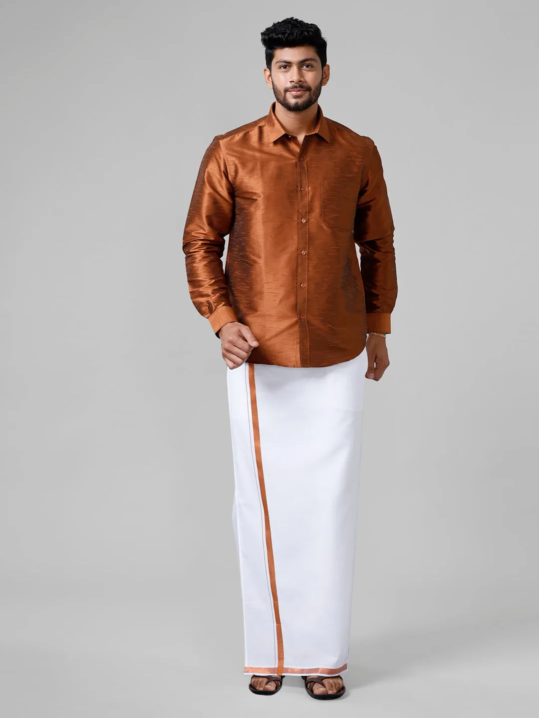 Men Copper Full Sleeves Shirt with Jari Dhoti Set Glory