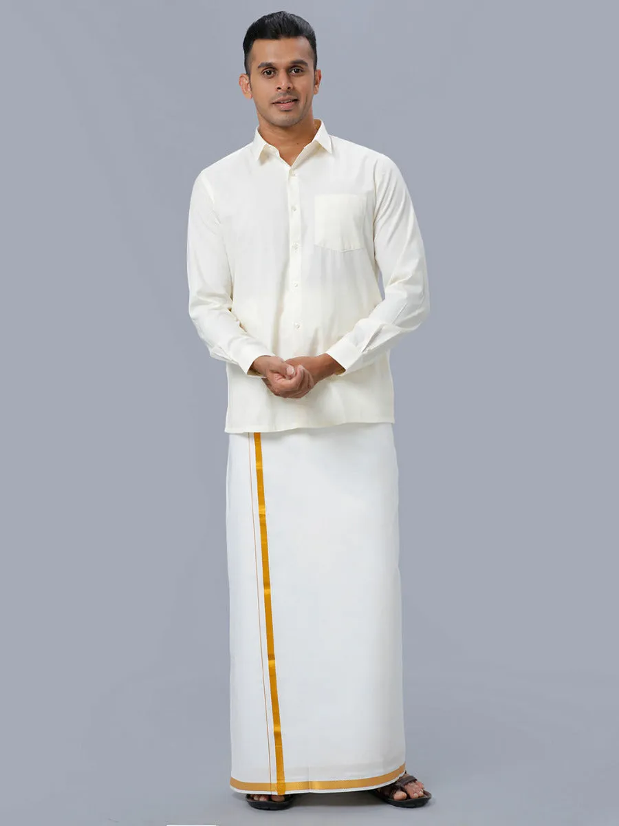 Men Cotton Full Sleeves Cream Shirt with Gold Jari 1/2" inch Double Dhoti Combo