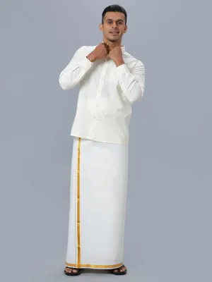 Men Cotton Full Sleeves Cream Shirt with Gold Jari 1/2" inch Double Dhoti Combo