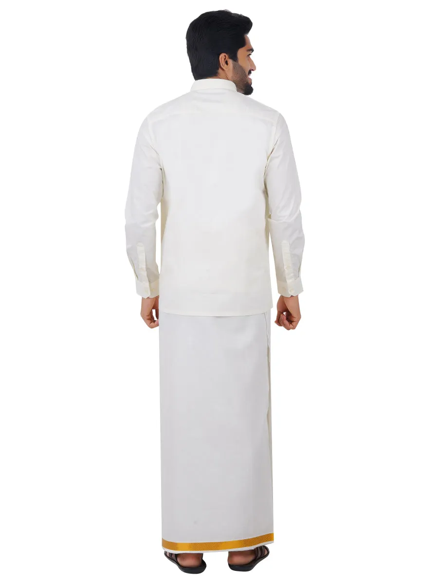 Men Cream Cotton Gold Jari 1" inch Double Dhoti with Full Sleeves Shirt Combo