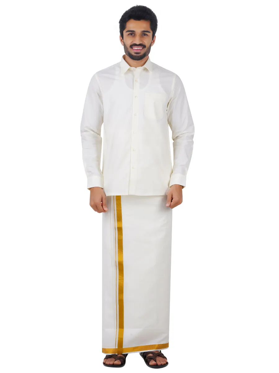 Men Cream Cotton Gold Jari 1" inch Double Dhoti with Full Sleeves Shirt Combo