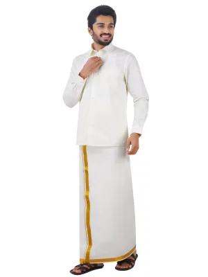 Men Cream Cotton Gold Jari 1" inch Double Dhoti with Full Sleeves Shirt Combo