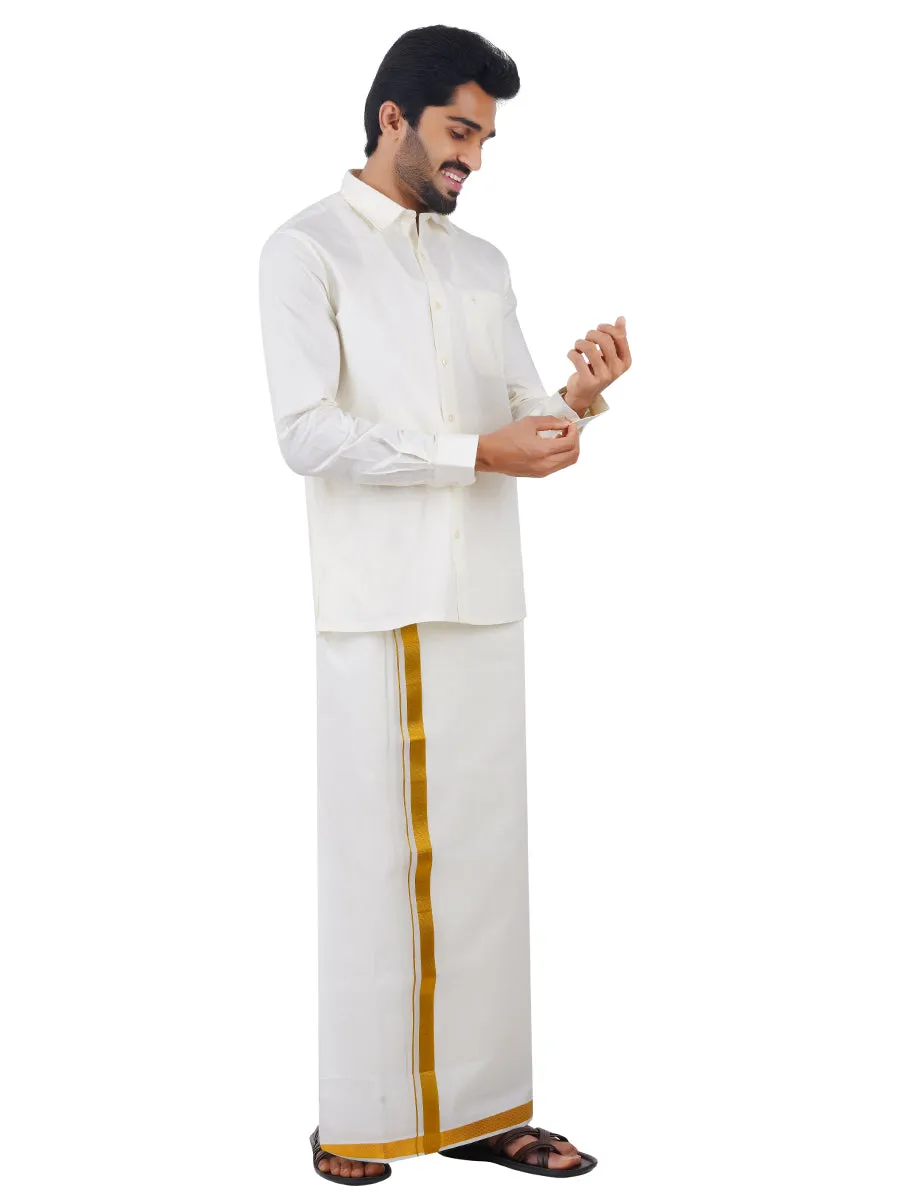 Men Cream Cotton Gold Jari 1" inch Double Dhoti with Full Sleeves Shirt Combo