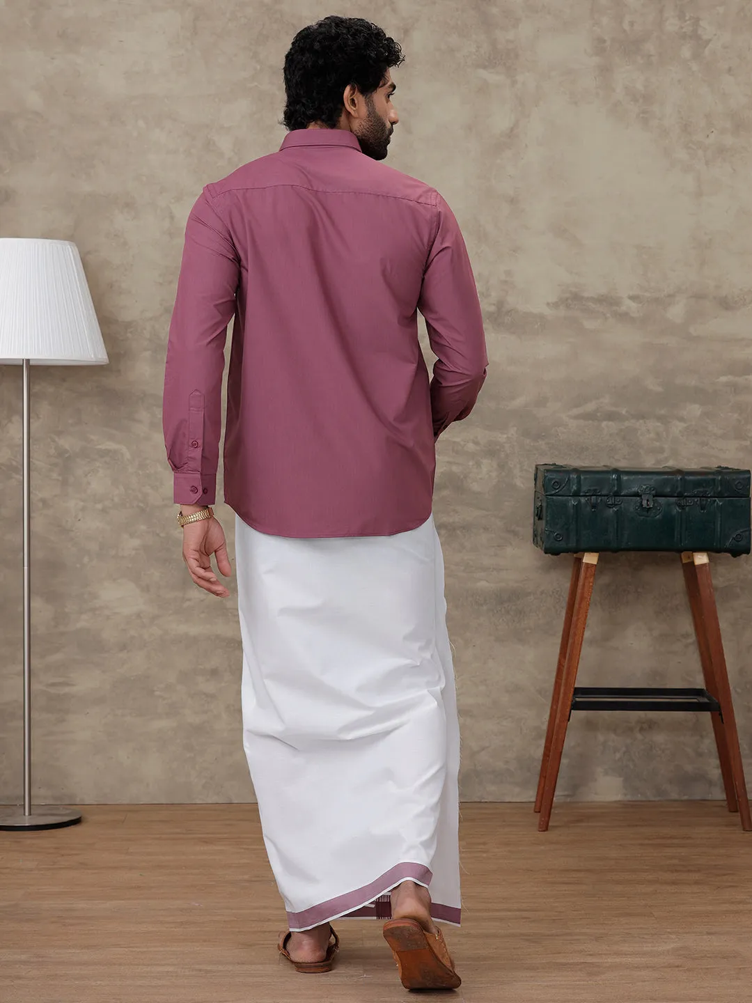 Men Wine Berry Shirt With Matching Border Dhoti Set Trendy