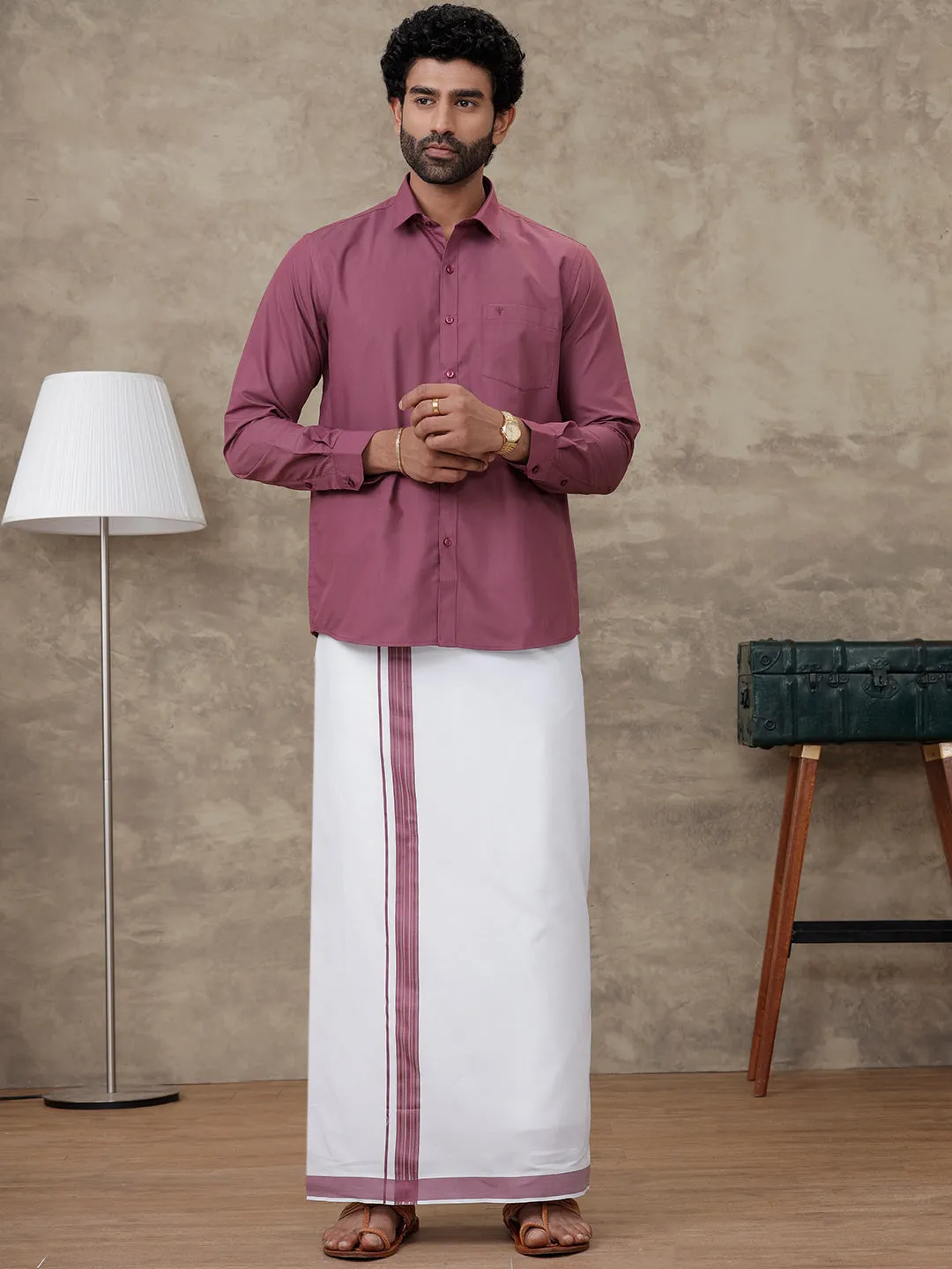 Men Wine Berry Shirt With Matching Border Dhoti Set Trendy