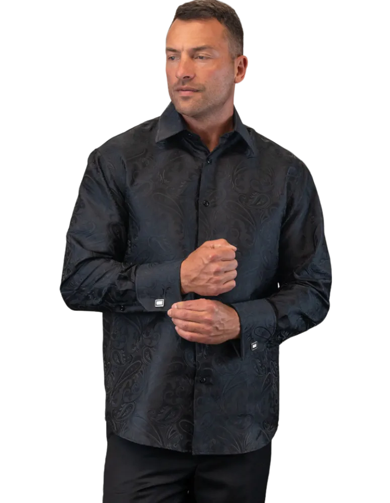 Men's Black Fancy Silk Casual Long Sleeves Shirt With Cufflink Regular-Fit