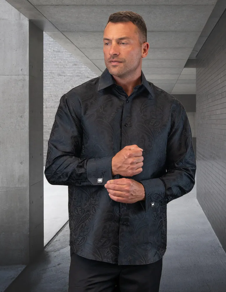 Men's Black Fancy Silk Casual Long Sleeves Shirt With Cufflink Regular-Fit