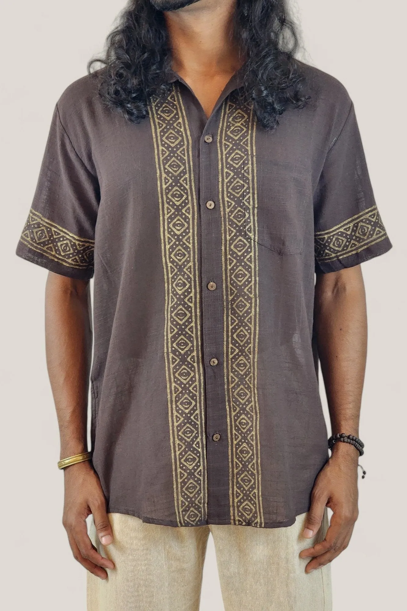 Men's Brown Organic Linen Short Sleeve Block-Printed Button-Down Shirt