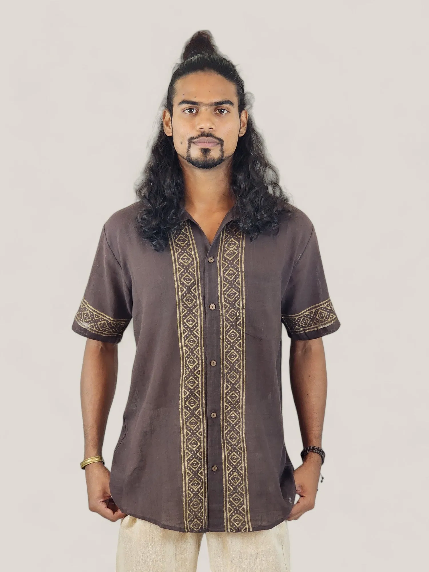 Men's Brown Organic Linen Short Sleeve Block-Printed Button-Down Shirt