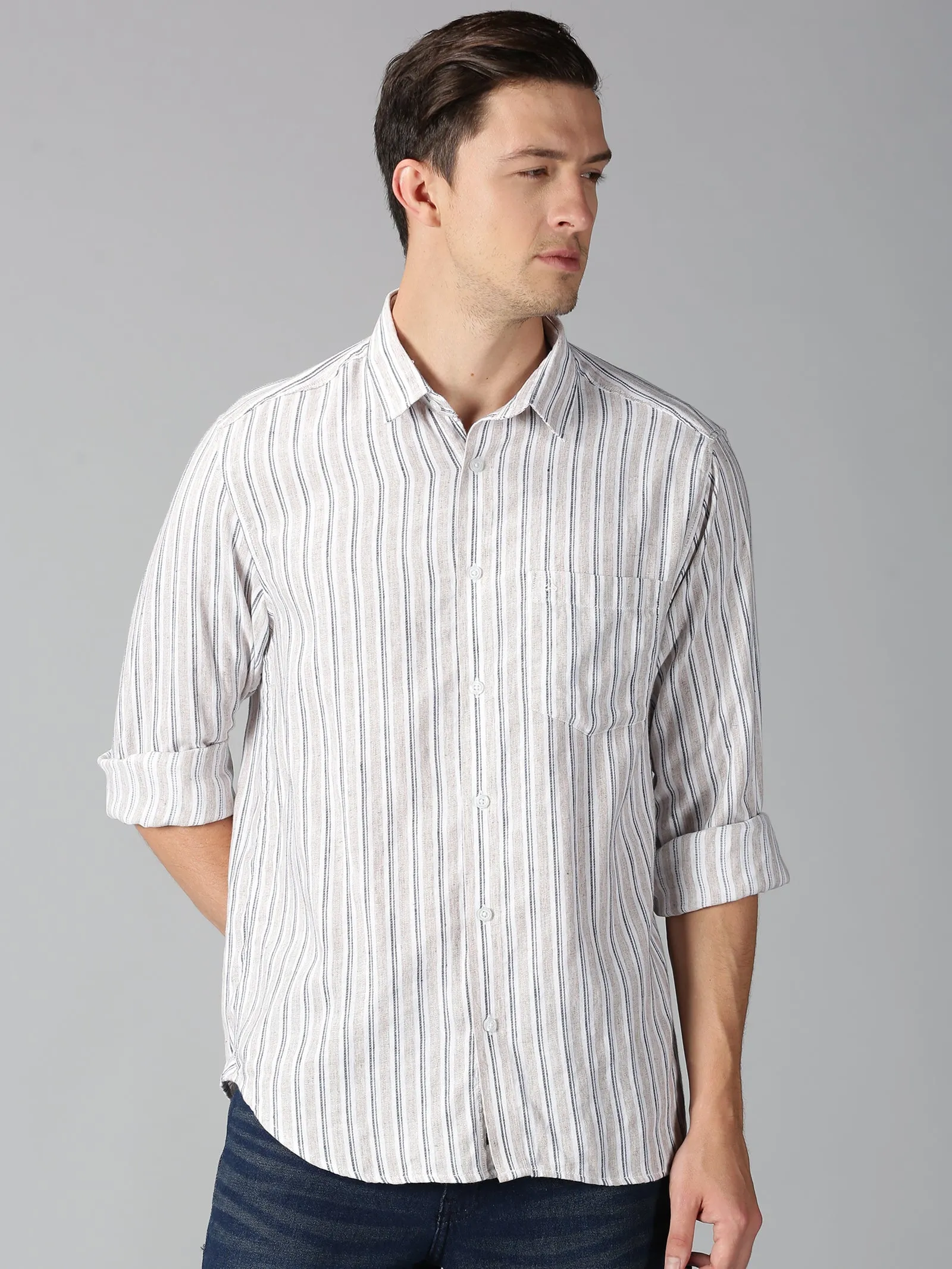 MEN'S BROWN STRIPE SLIM FIT SHIRT