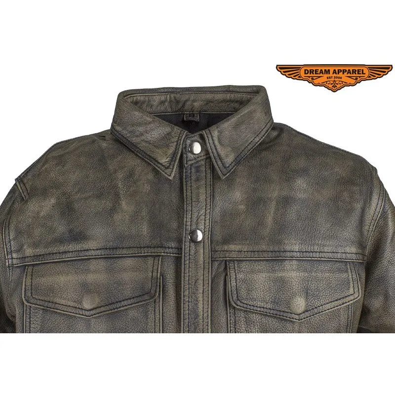 Men's Distressed Brown Leather Motorcycle Shirt With Concealed Carry