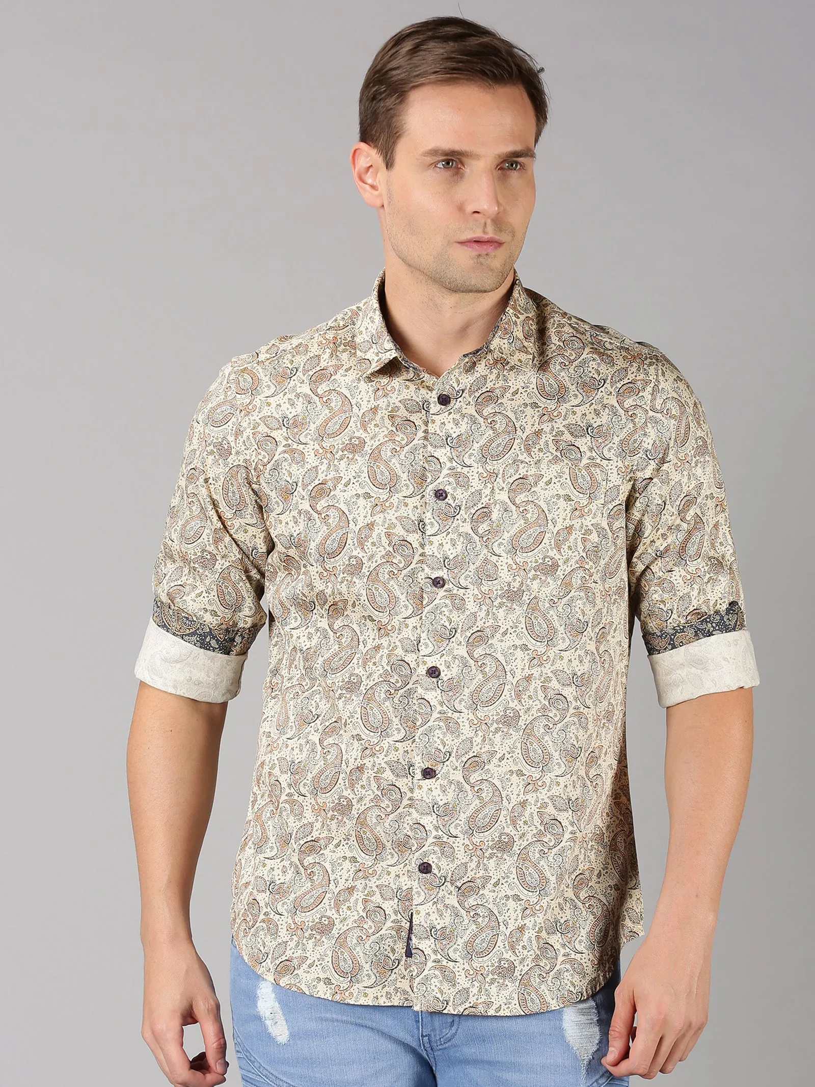 MEN'S ECRU PRINTED SLIM FIT SHIRT