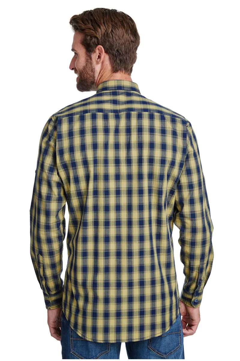 Men's Mulligan Check Long Sleeve Cotton Shirt (Camel / Navy)