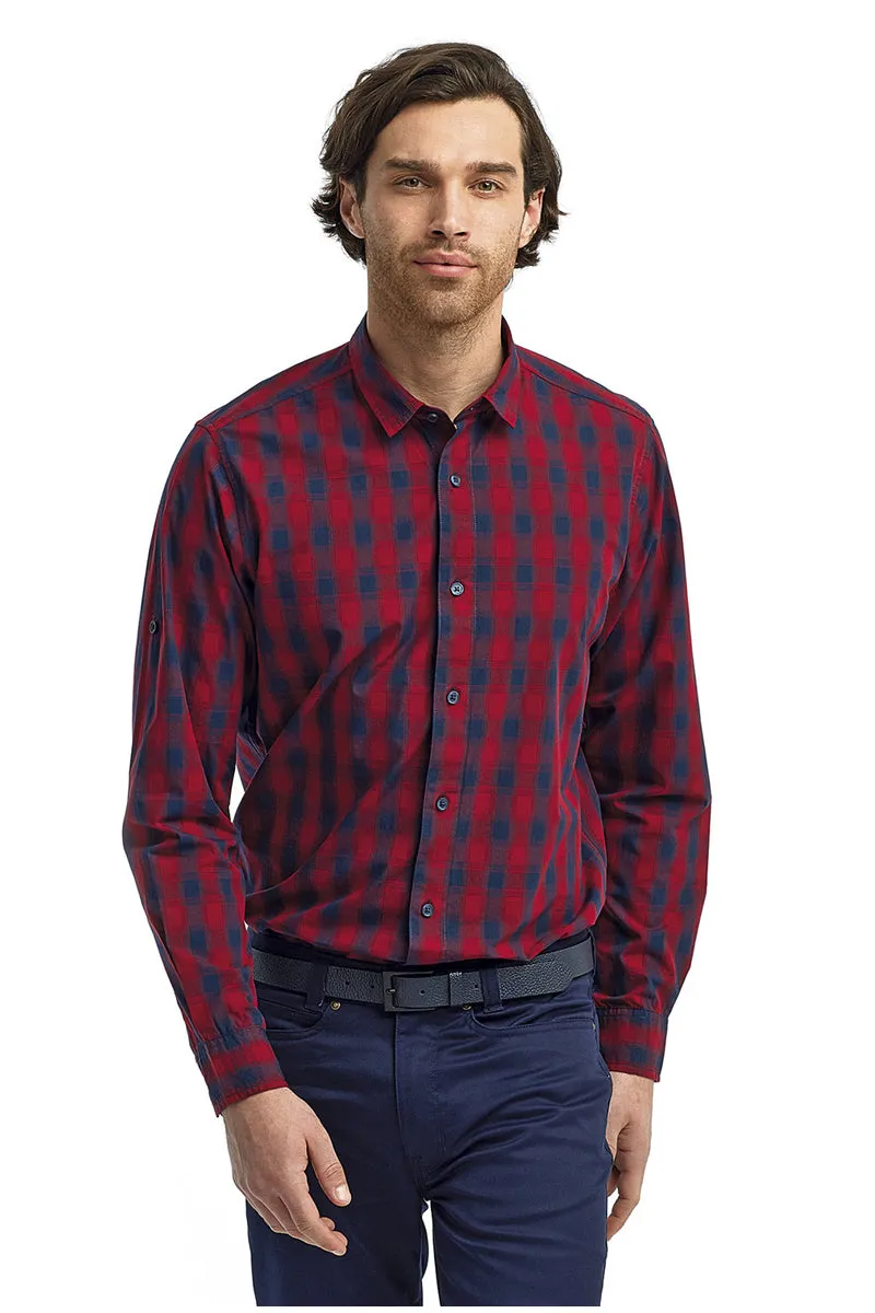 Men's Mulligan Check Long Sleeve Cotton Shirt (Red / Navy)