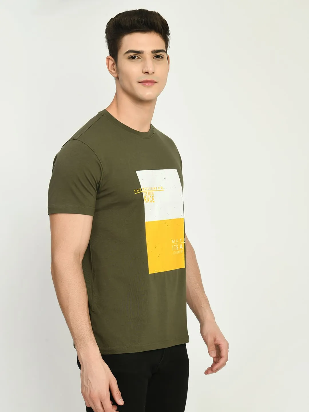 Men’s Printed Round Regular Fit T-Shirt - Olive