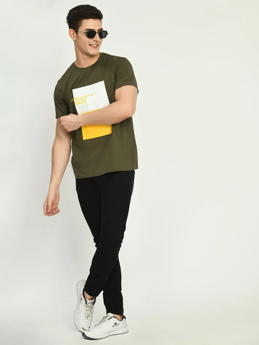 Men’s Printed Round Regular Fit T-Shirt - Olive