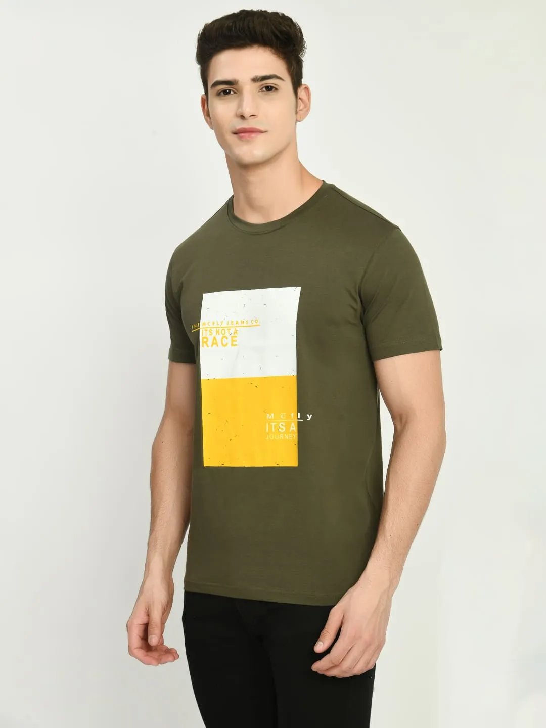 Men’s Printed Round Regular Fit T-Shirt - Olive