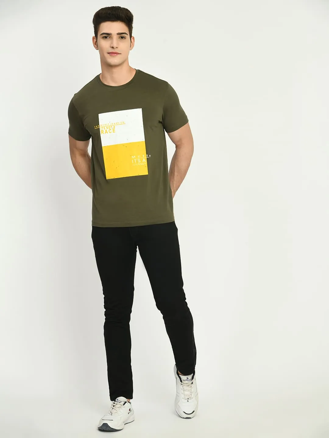 Men’s Printed Round Regular Fit T-Shirt - Olive