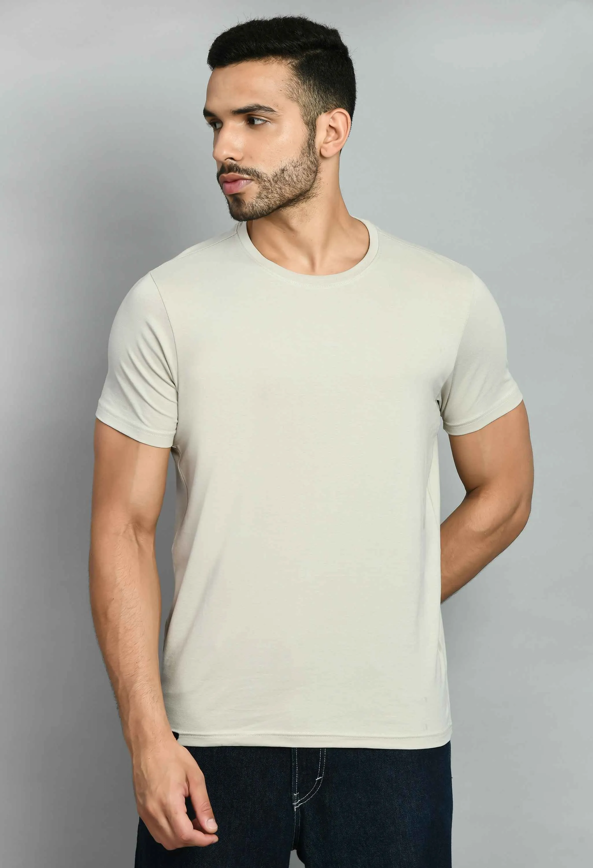 Men's Solid Beige Casual T-Shirt