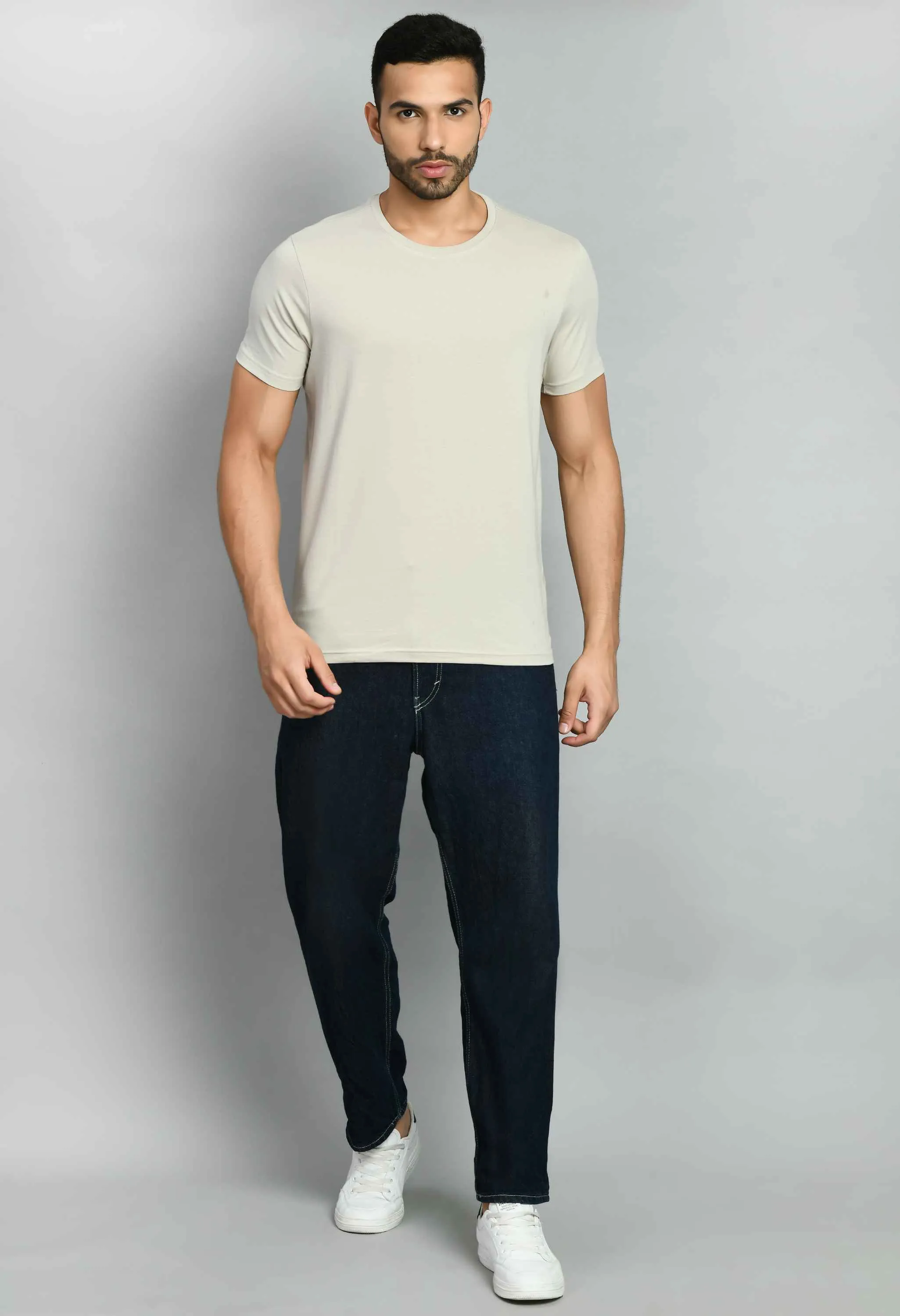 Men's Solid Beige Casual T-Shirt