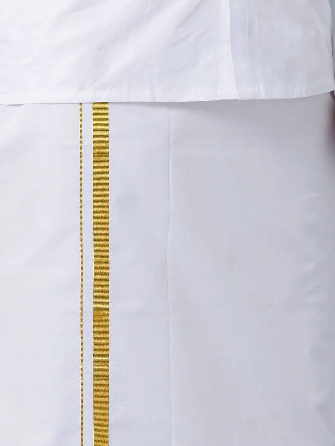 Mens Wrinkle Free White Full Sleeves Shirt, Double Dhoti, Towel & Belt Combo