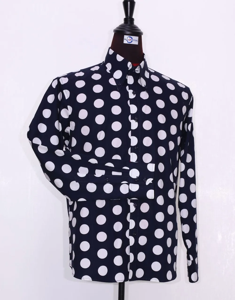 Mod Shirt | Large Dark Navy Blue Polka Dot Shirt