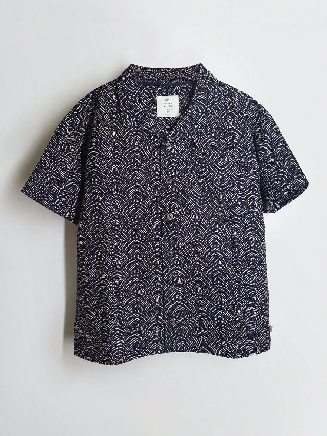 Navy & Beige Boys' Regular Length Polka Dots Camp Collar Shirt with Half Sleeves